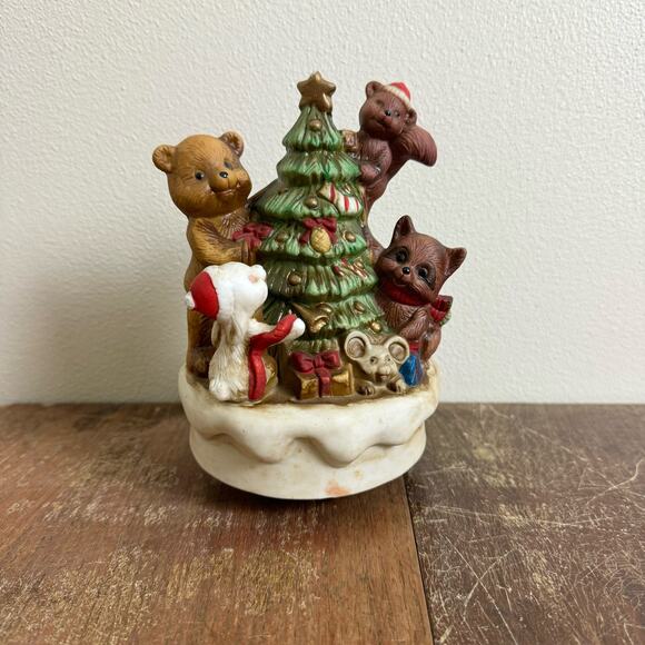 Vintage Woodland Animals Around Christmas‎ Tree Porcelain holiday Music Box - Picture 1 of 5